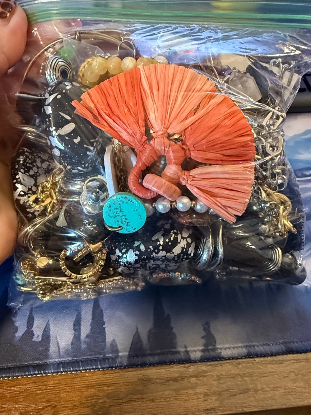Mixed Jewelry Bundle with Coral Raffia Tassel and Turquoise Accent